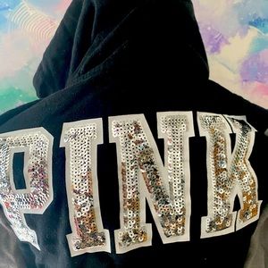 PINK black sequin hoodie. Size medium